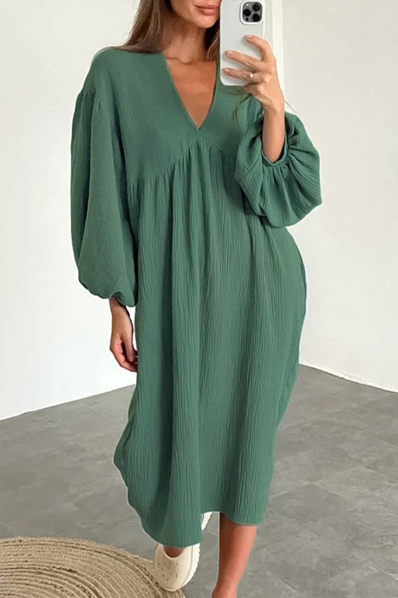 Casual Living Solid Pocket V Neck Long Sleeve Dresses - Panekey