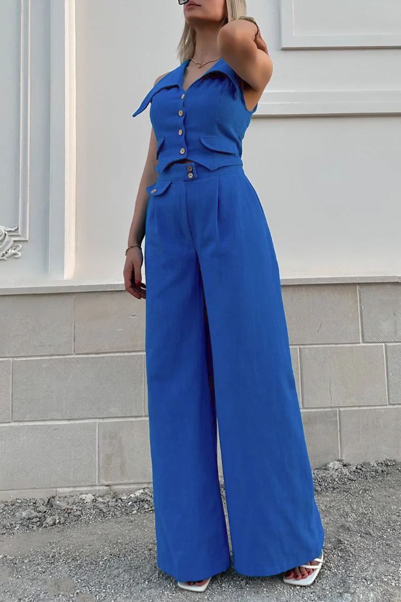 British Style Elegant Solid Pocket Buttons Turndown Collar Sleeveless Two Pieces - Panekey