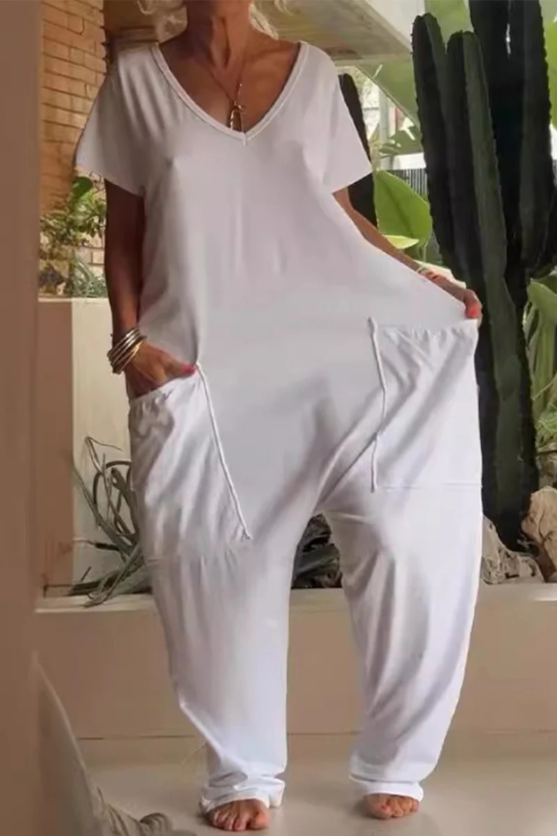 Casual Daily Solid Color Pocket V Neck Loose Jumpsuits(8 Colors) - Panekey