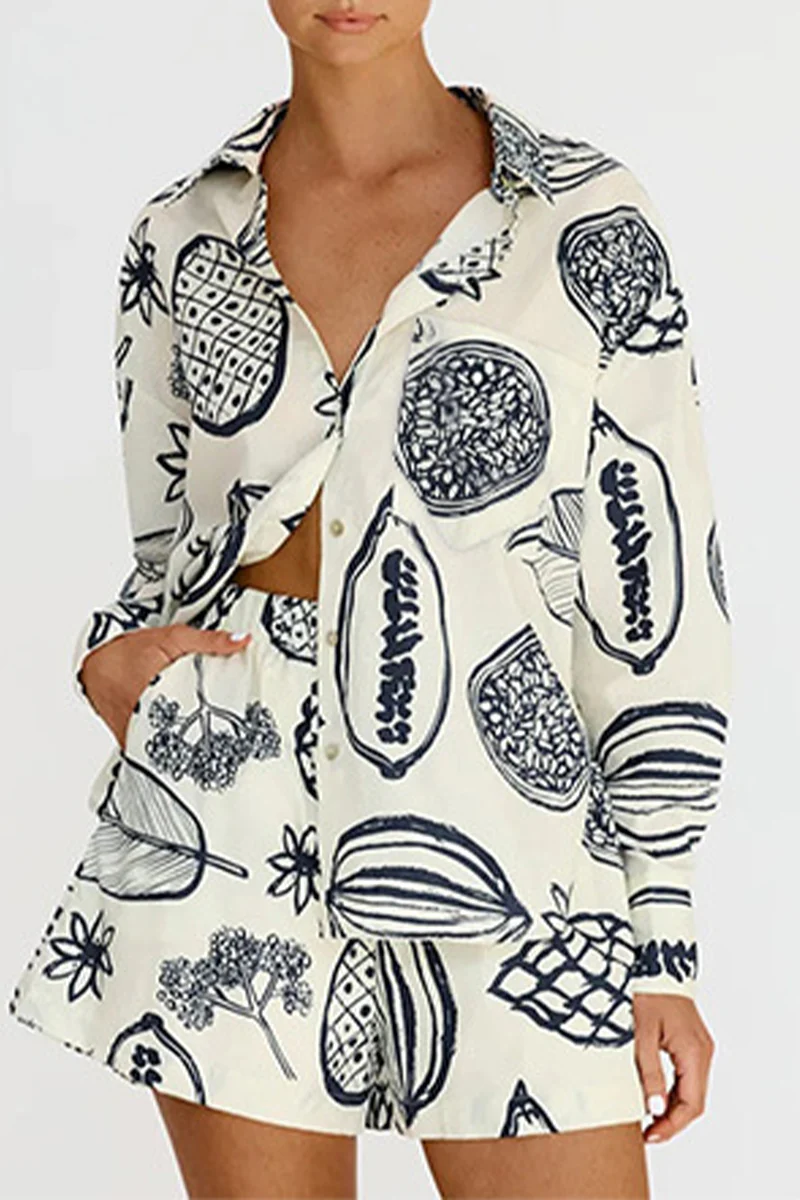 Casual Floral Patchwork Turndown Collar Long Sleeve Two Pieces - Panekey