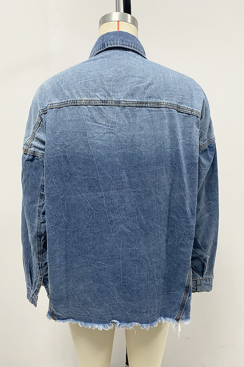 Casual Daily Gradient Color Pocket Contrast Turndown Collar Blouses - Panekey