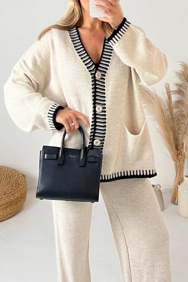 Casual Patchwork Buttons V Neck Long Sleeve Two Pieces(4 Colors) - Panekey