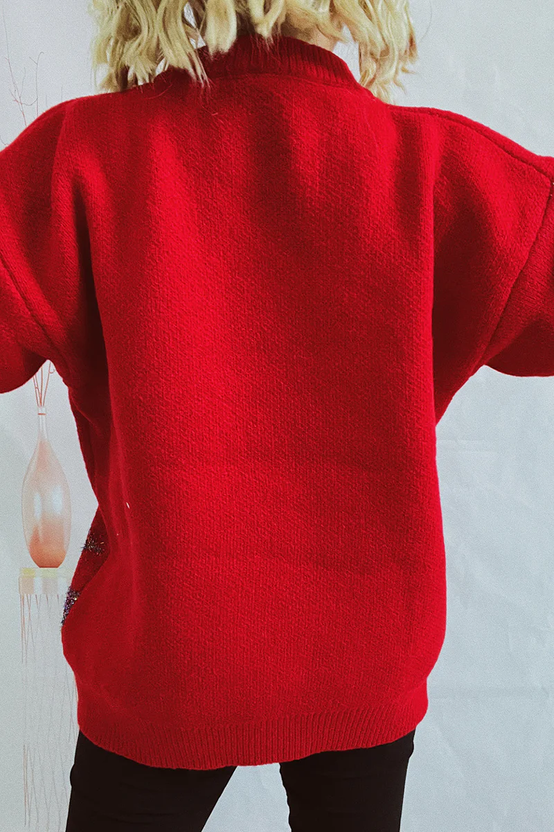 Casual Christmas Tree Sequins Patch O Neck Sweaters - Panekey