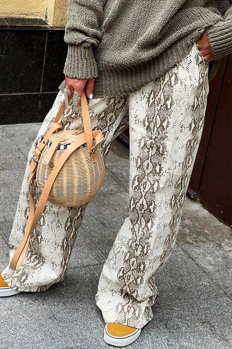 Casual Animal Print Print Contrast Loose High Waist Straight Full Print Bottoms - Panekey