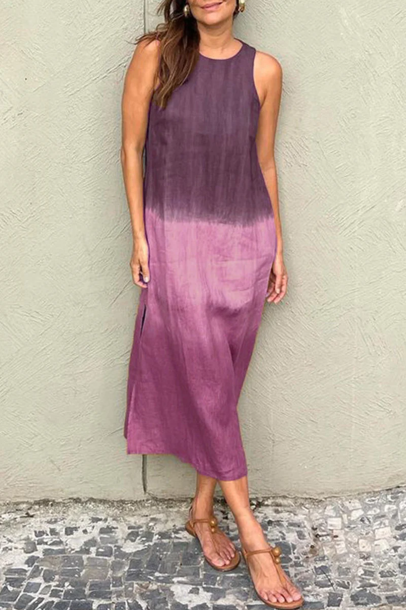 Casual Gradient Slit O Neck Long Dresses(8 Colors) - Panekey