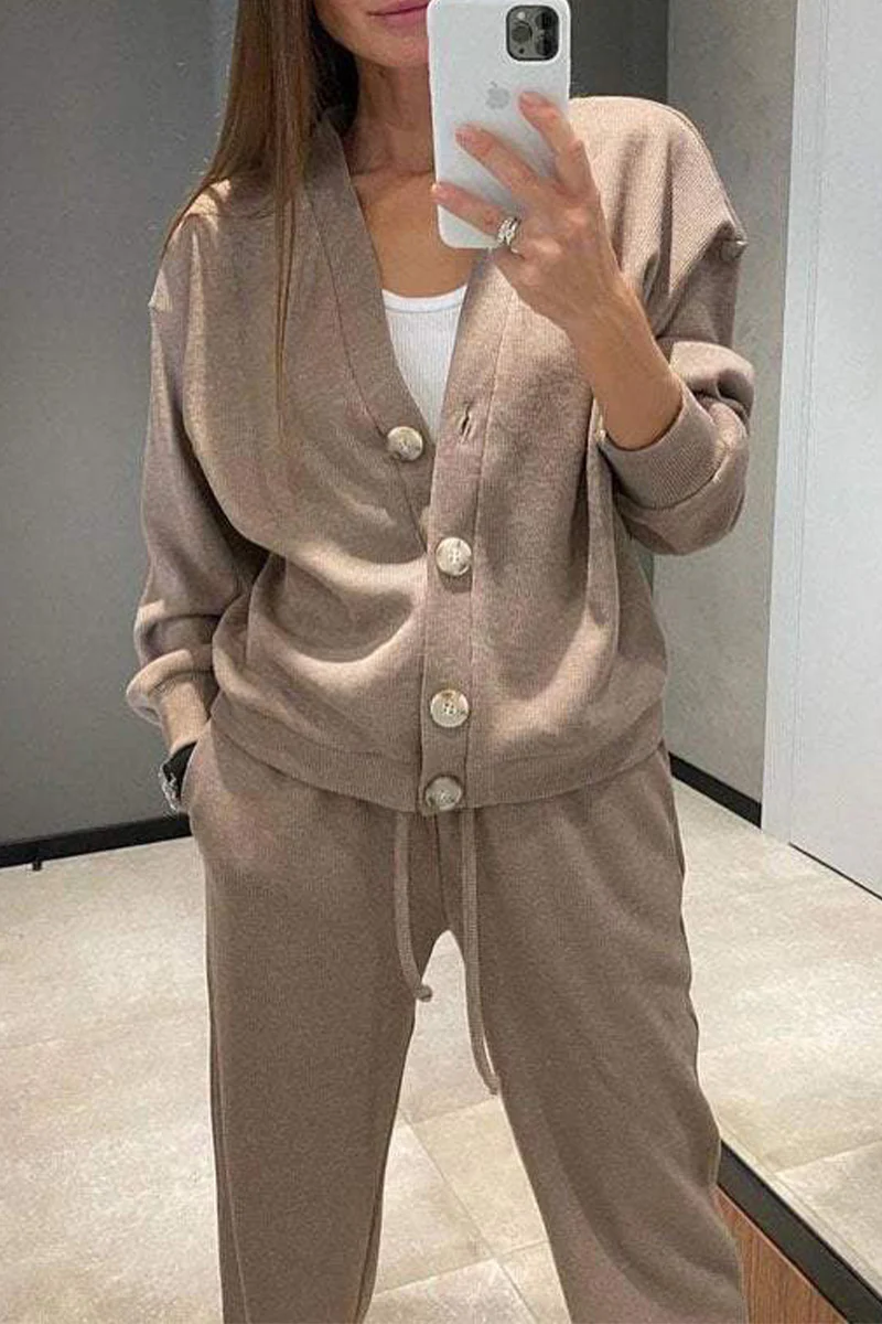 Casual Daily Solid Color Pocket Lace Up Buttons V Neck Long Sleeve Two Pieces(5 Colors) - Panekey