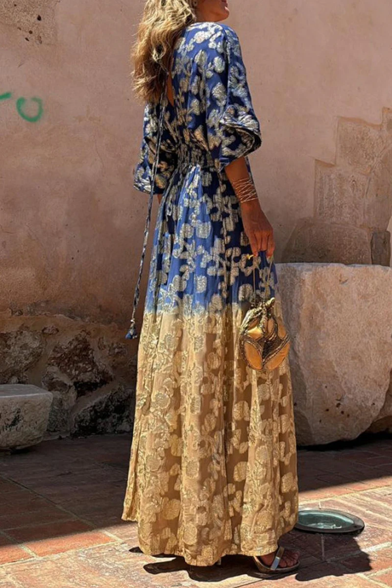 Casual Daily Gradient Print Bronzing Pattern V Neck Loose Jumpsuits - Panekey