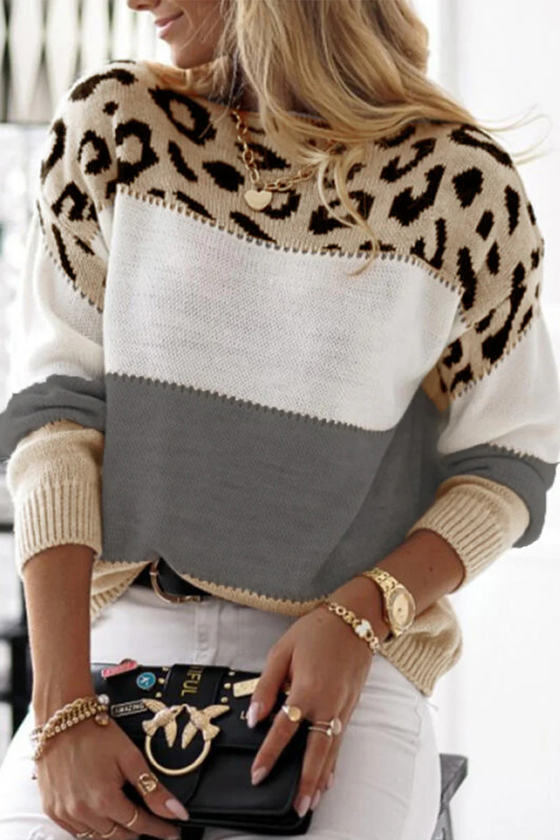 Casual Leopard Color Block Contrast O Neck Sweaters(5 Colors) - Panekey