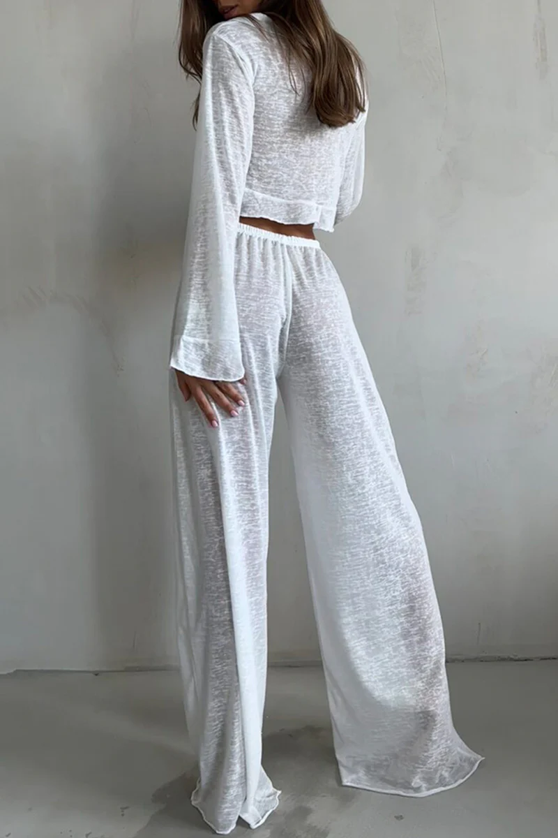 Casual Lace Up Ruffle V Neck Long Sleeve Two Pieces - Panekey