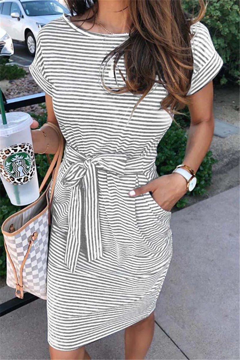 Cap Sleeve Short Sleeves O neck A-Line Knee-Length Striped Patchwork Dresses(6 Colors) - Panekey