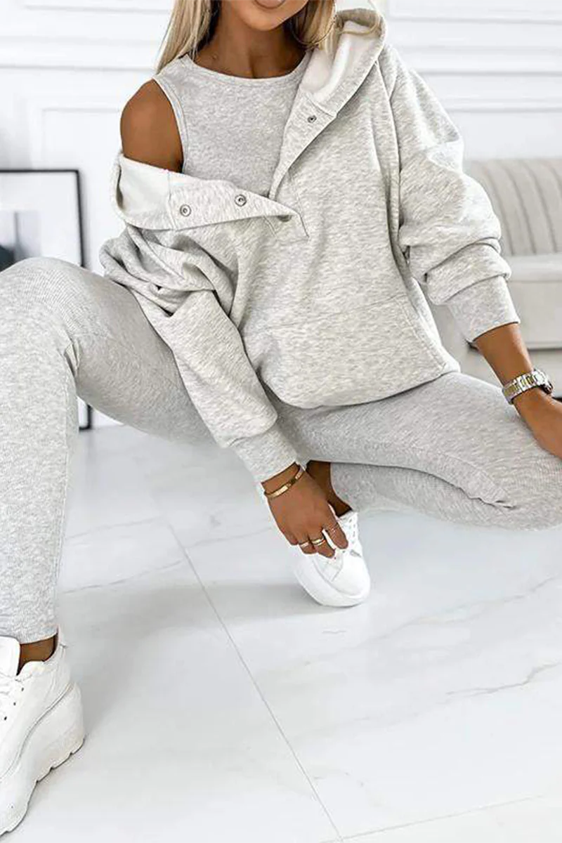 Casual Buttons Texture Hooded Long Sleeve Three Pieces(10 Colors) - Panekey