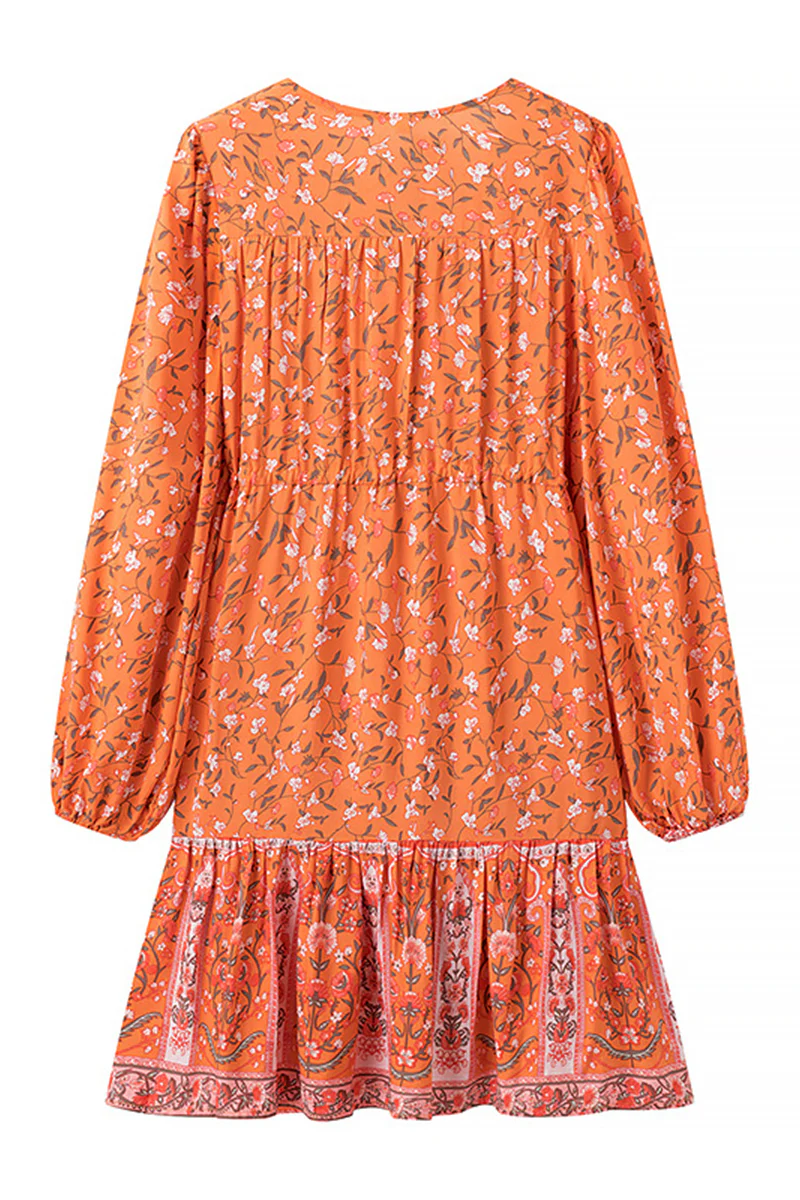 Casual Floral Print Lace Up V Neck A Line Dresses - Panekey