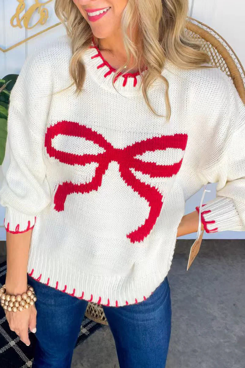 Casual Bow Weave Contrast O Neck Sweaters - Panekey