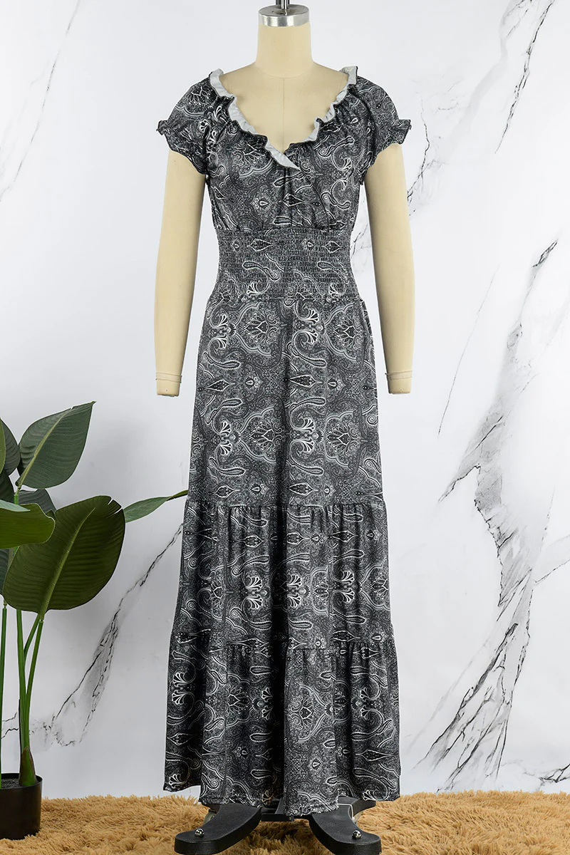 Bohemian College Print Fold V Neck A Line Dresses(6 Colors) - Panekey