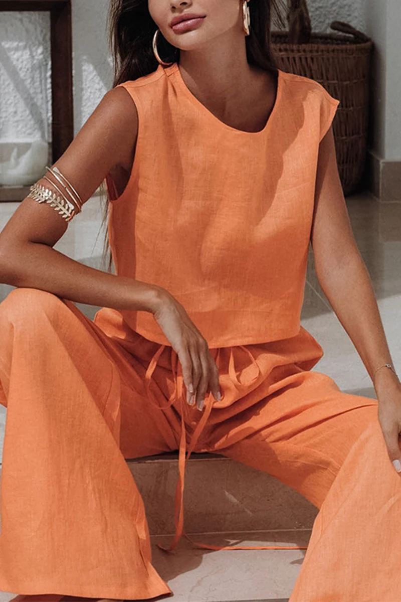 Casual Daily Solid Color Lace Up O Neck Sleeveless Two Pieces - Panekey