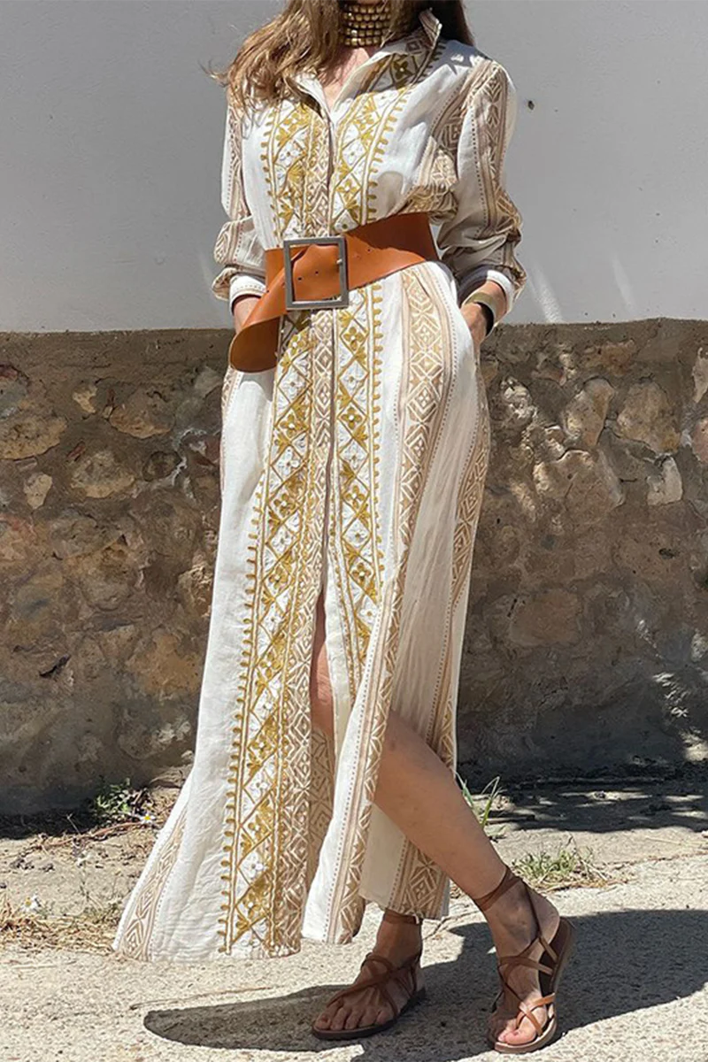 Casual Geometric Print Pocket Turndown Collar Shirt Dresses - Panekey