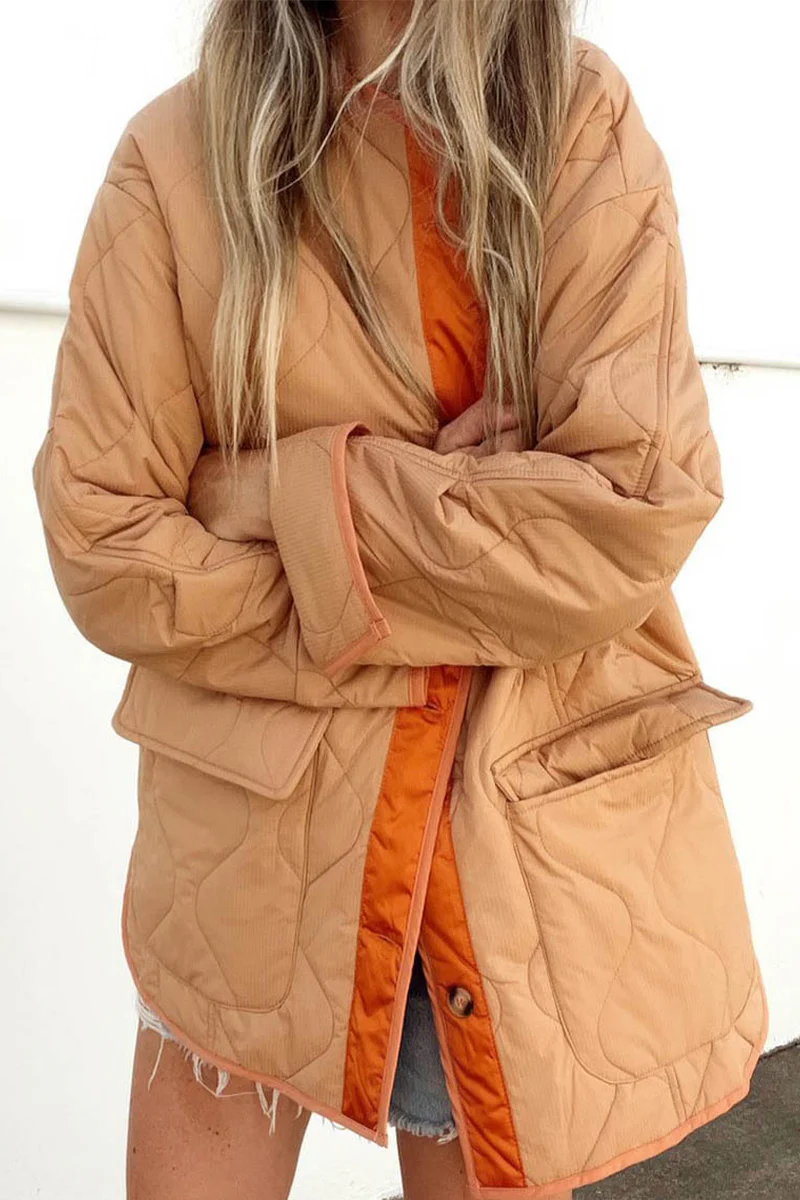 Casual Color Block Buckle Contrast O Neck Outerwear - Panekey