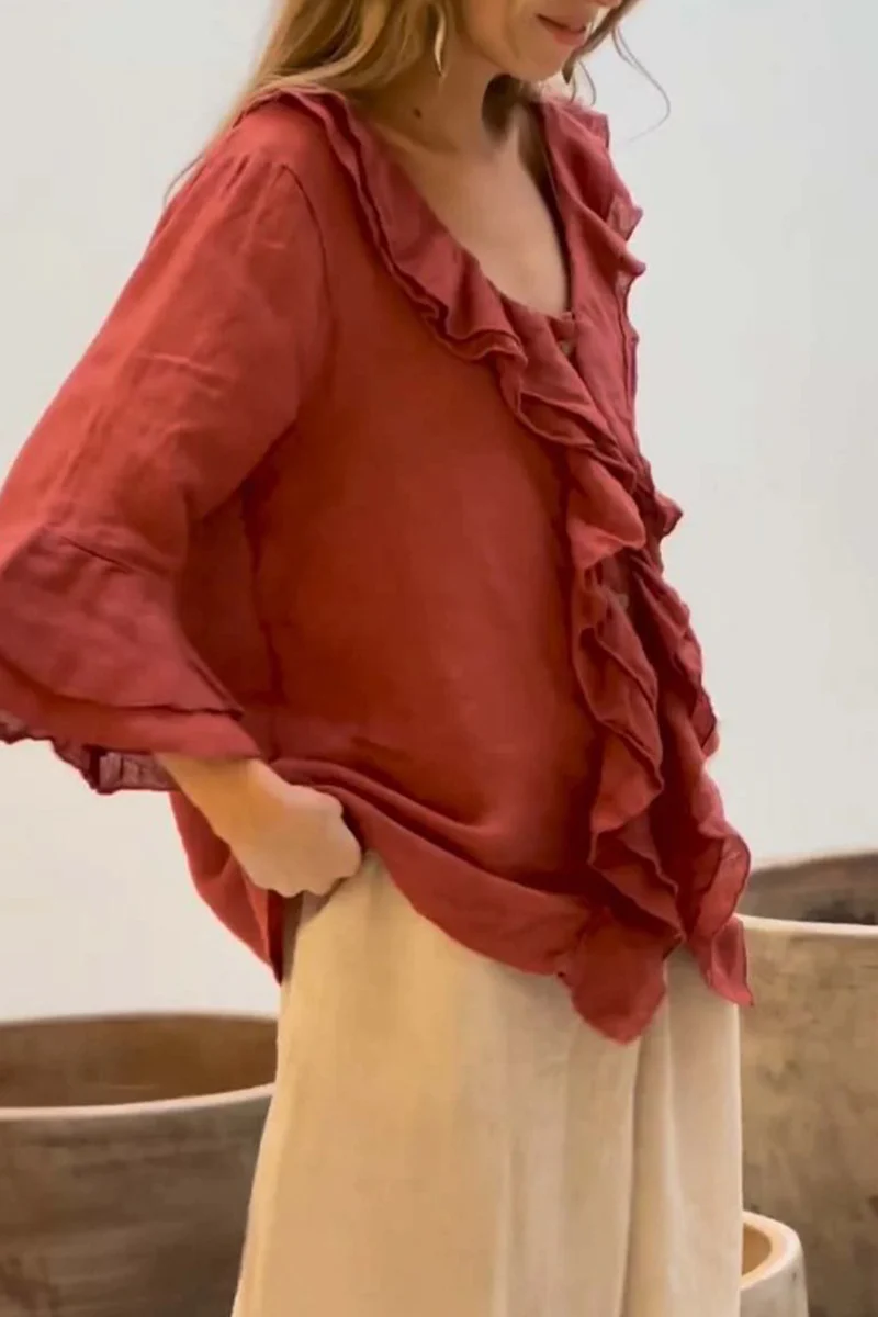 Casual Daily Solid Color Ruffle V Neck Blouses(7 Colors) - Panekey