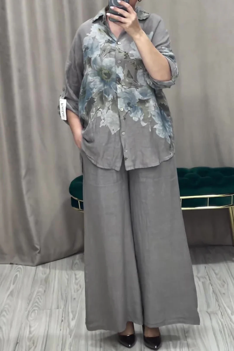 Casual Floral Print Buttons Turndown Collar Long Sleeve Two Pieces - Panekey