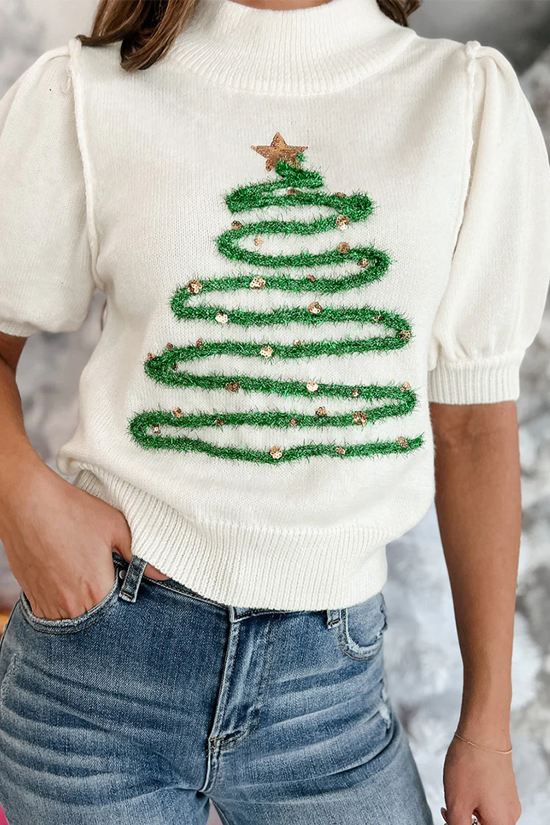 Casual Christmas Tree Sequins Patchwork Half A Turtleneck Sweaters - Panekey