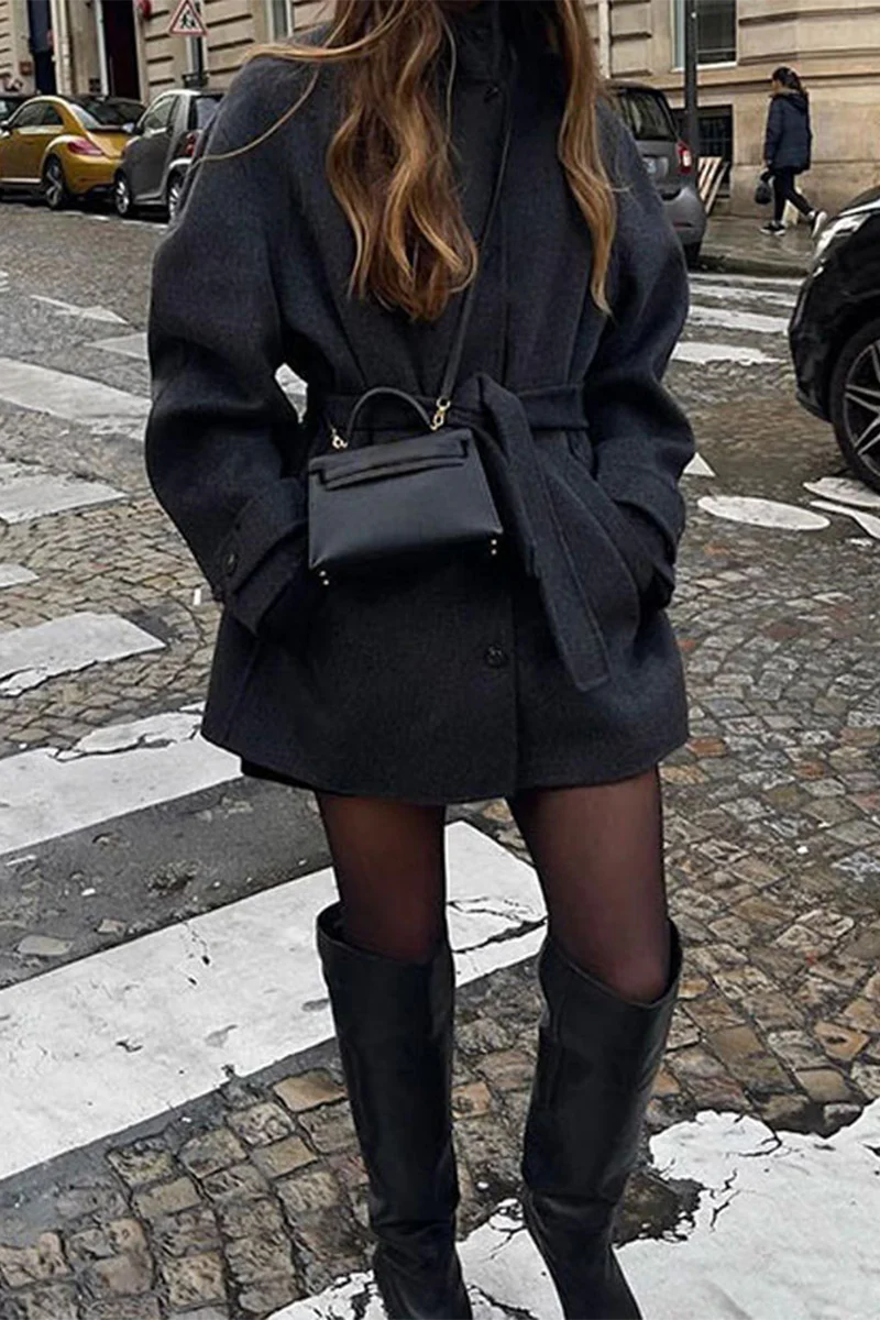 Casual Lace Up Buttons Gross Mandarin Collar Outerwear - Panekey