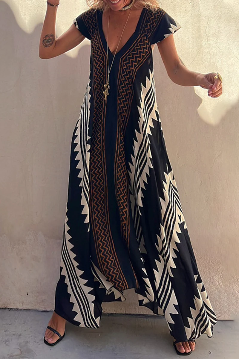 Casual College Geometric Print Fold V Neck A Line Dresses - Panekey