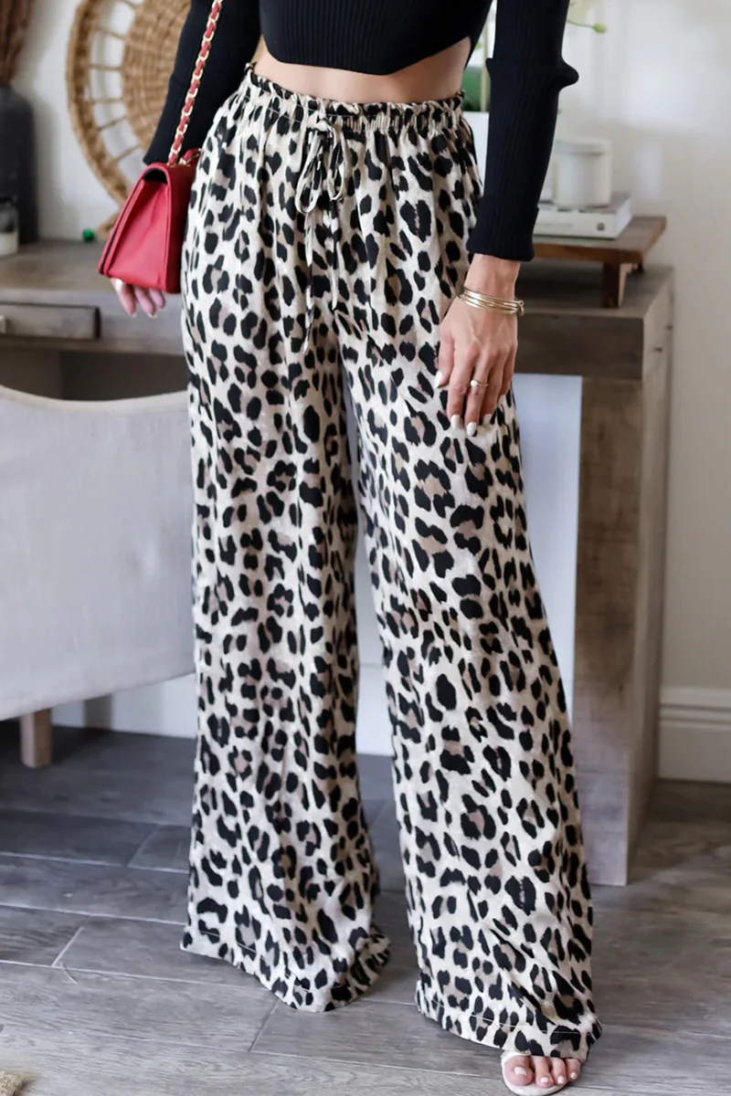 Casual Leopard Pocket Lace Up Loose High Waist Wide Leg Full Print Bottoms - Panekey