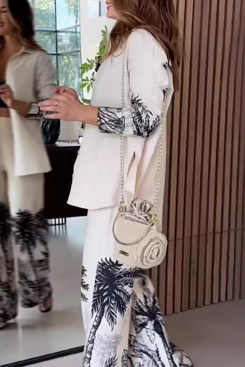 Casual Landscape printing Buttons Turndown Collar Long Sleeve Two Pieces - Panekey