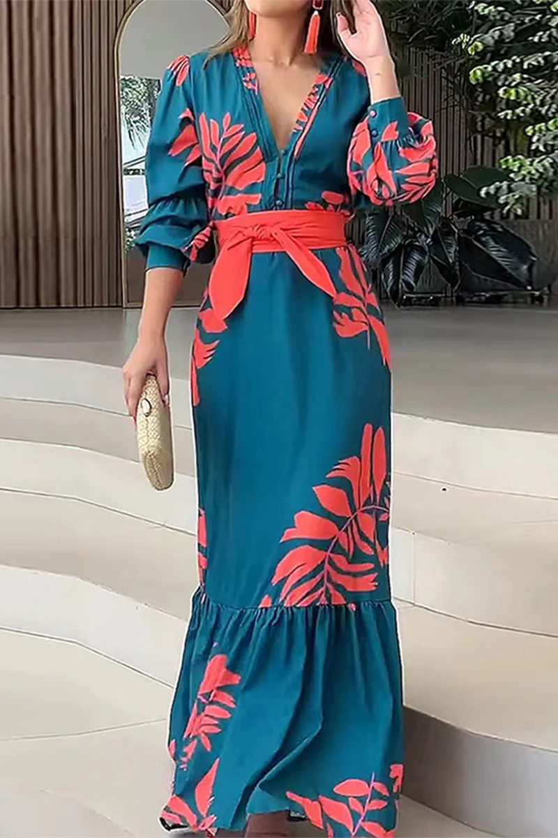 Casual Floral Print Lace Up Ruffle V Neck Printed Dresses - Panekey