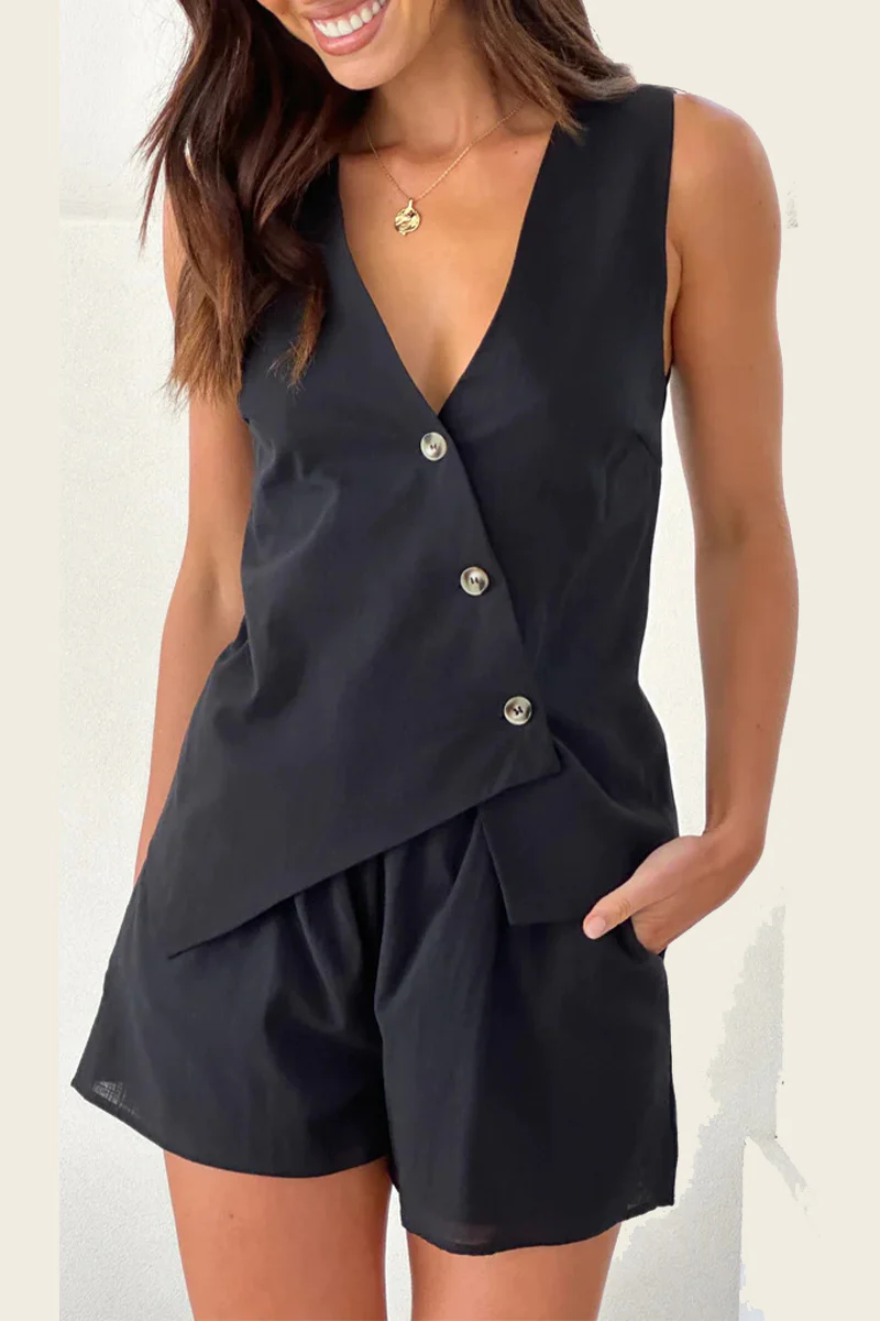 Casual Daily Buttons Irregular V Neck Sleeveless Two Pieces - Panekey