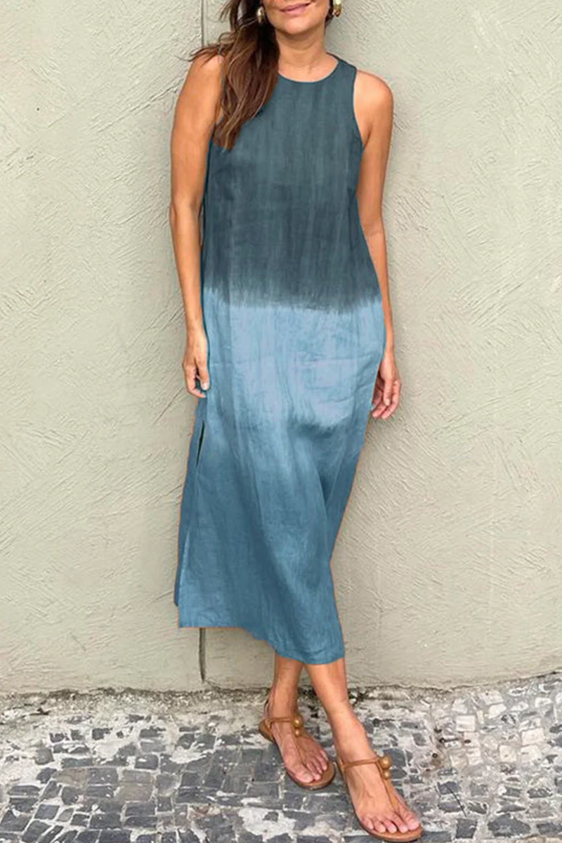 Casual Gradient Slit O Neck Long Dresses(8 Colors) - Panekey