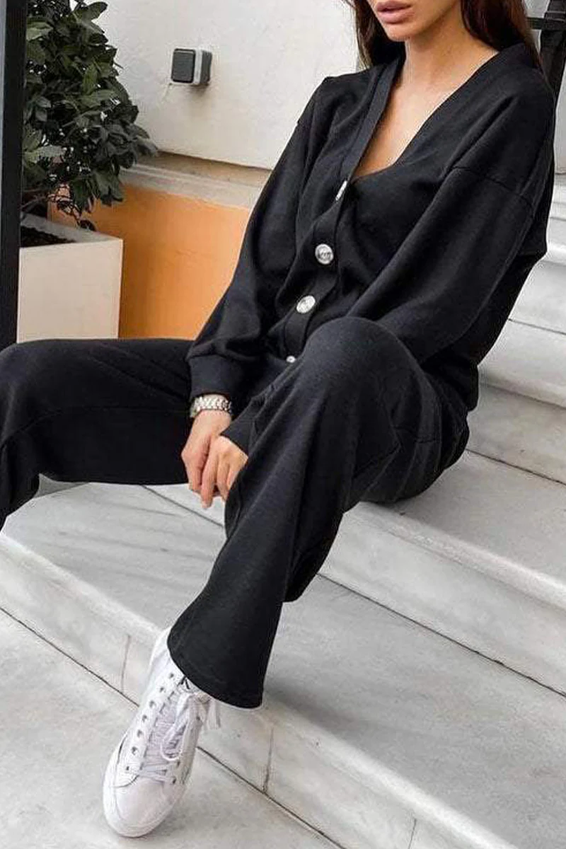 Casual Daily Solid Color Pocket Lace Up Buttons V Neck Long Sleeve Two Pieces(5 Colors) - Panekey