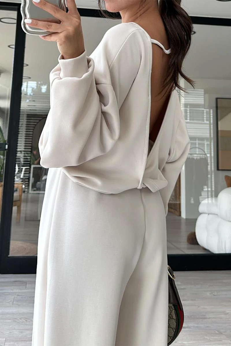 Casual Pocket Backless O Neck Long Sleeve Two Pieces(3 Colors) - Panekey