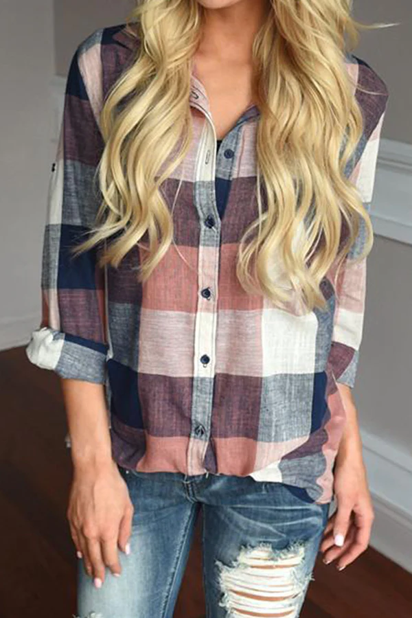 Casual Plaid Pocket Buckle Turndown Collar Tops - Panekey