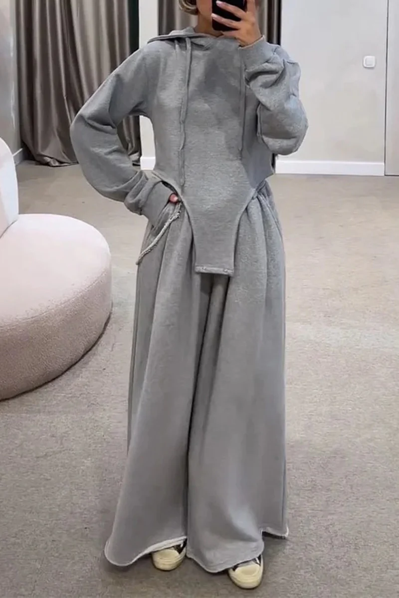 Casual Draw String Pocket Hooded Long Sleeve Two Pieces - Panekey