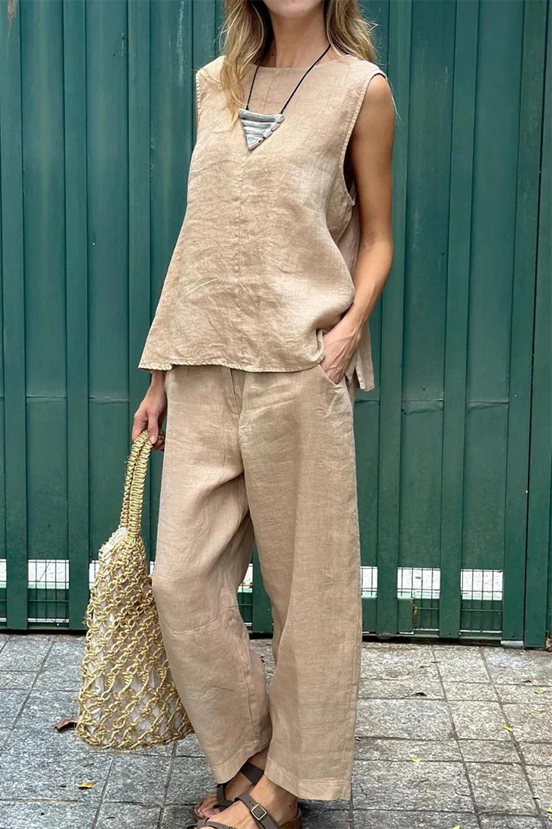 Casual Daily Solid Color Pocket O Neck Sleeveless Two Pieces(7 Colors) - Panekey