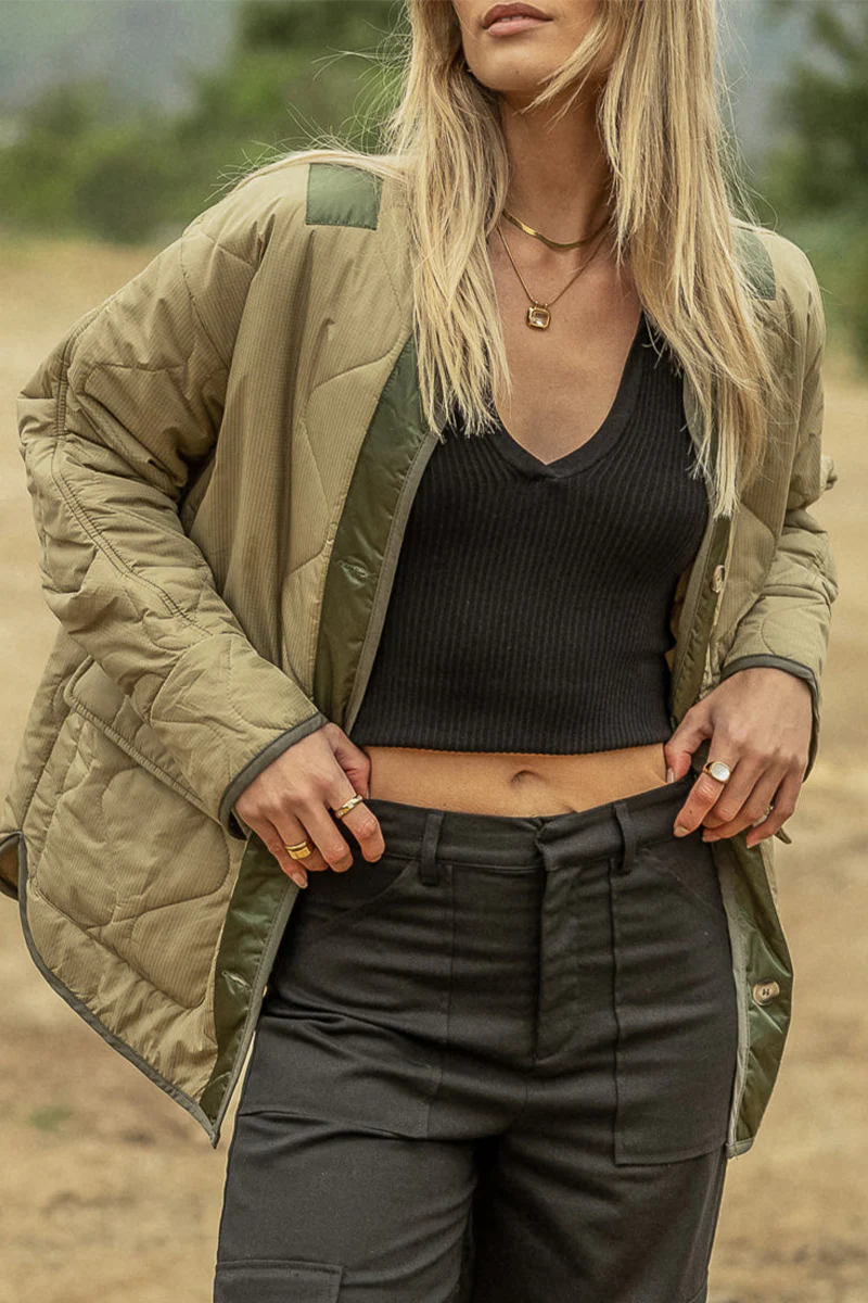 Casual Color Block Buckle Contrast O Neck Outerwear - Panekey