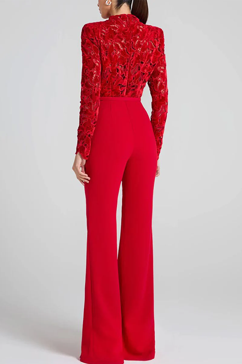 Casual Lace Half A Turtleneck Regular Jumpsuits - Panekey