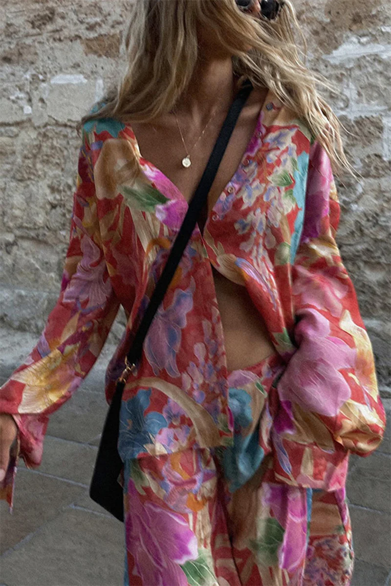 Casual Floral Print Pocket Contrast Turndown Collar Long Sleeve Two Pieces - Panekey