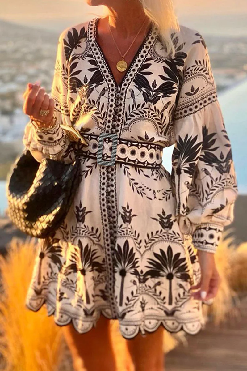 Casual Floral Print Patchwork With Belt V Neck A Line Dresses - Panekey