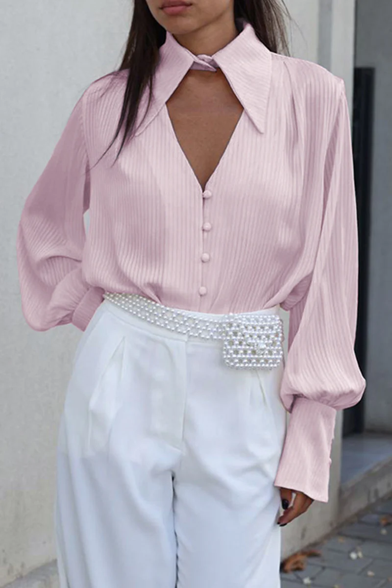 British Style Elegant Striped Buttons Turndown Collar Tops - Panekey