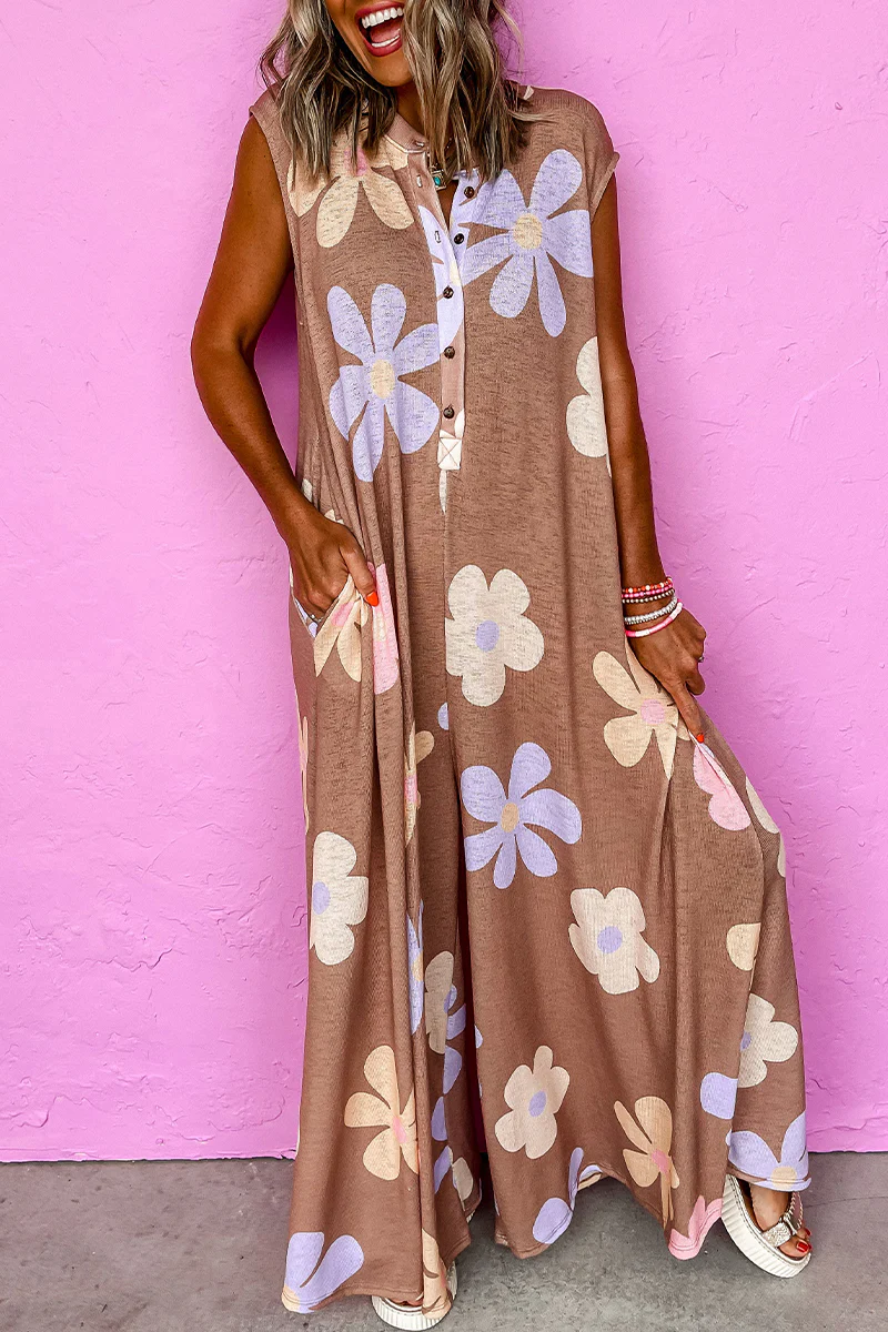 Casual Flowers Buttons O Neck Loose Jumpsuits - Panekey