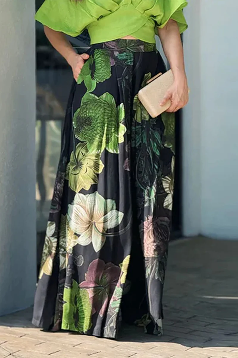 Casual Floral Print Pocket Contrast V Neck Short Sleeve Two Pieces - Panekey