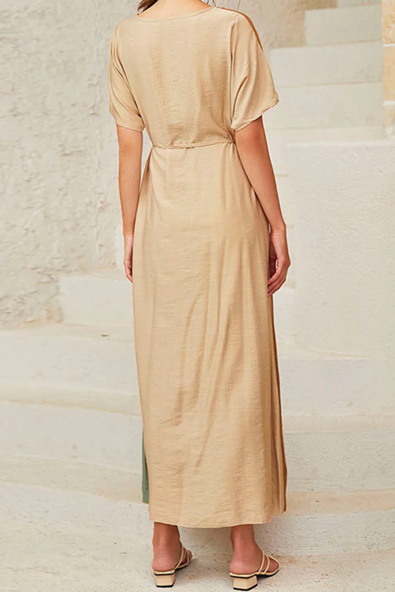 Casual Color Lump With Belt  Contrast O Neck Dresses - Panekey