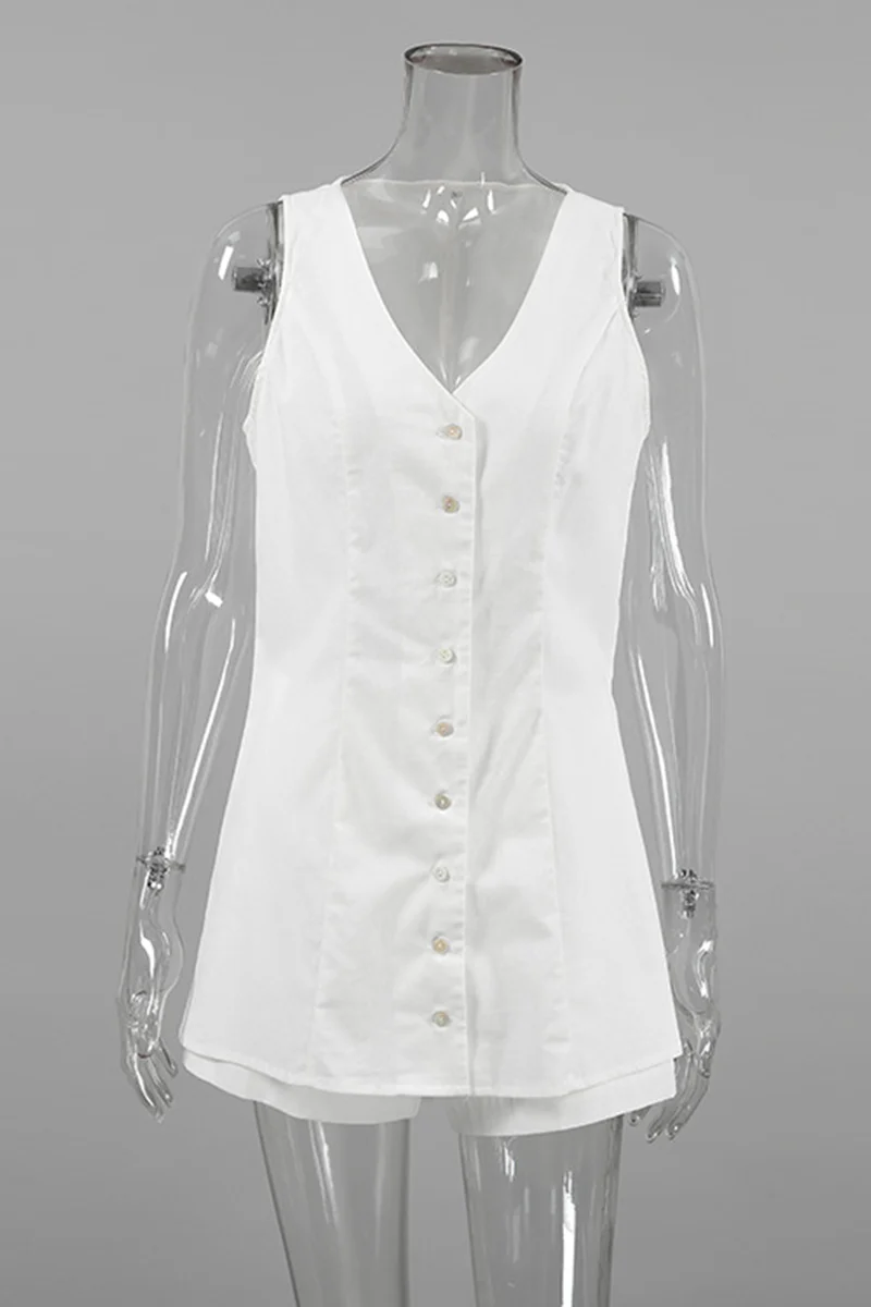 Casual Daily Solid Color Buttons V Neck Sleeveless Two Pieces - Panekey