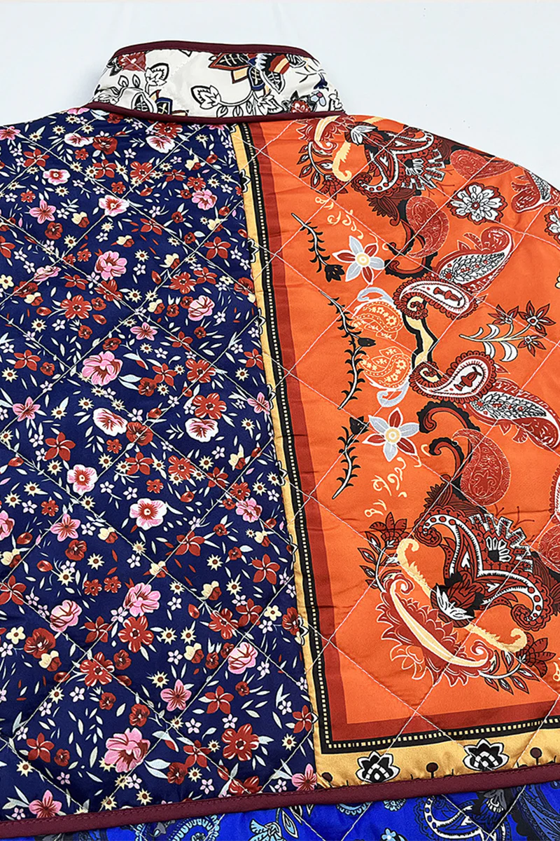 Casual Flowers Pocket Patchwork Contrast Mandarin Collar Outerwear - Panekey