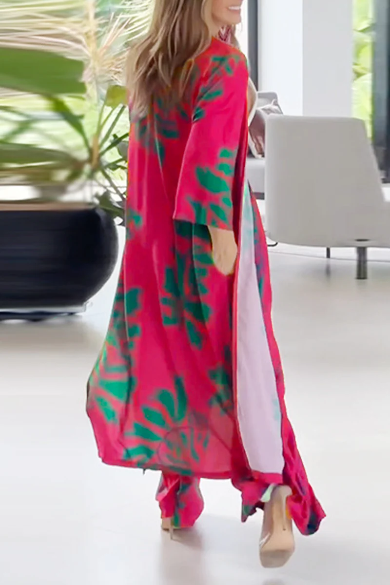 Casual Floral Pocket Cardigan Collar Long Sleeve Two Pieces - Panekey