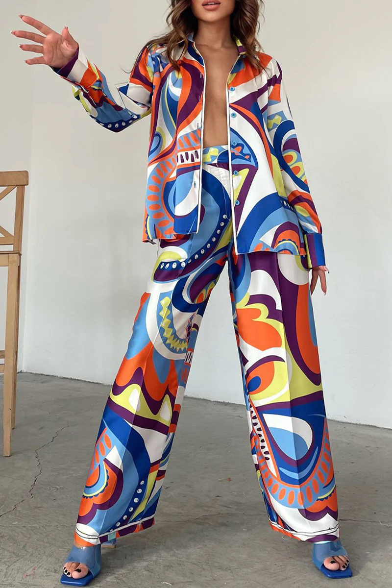 Casual Geometric Printing Turndown Collar Long Sleeve Two Pieces - Panekey
