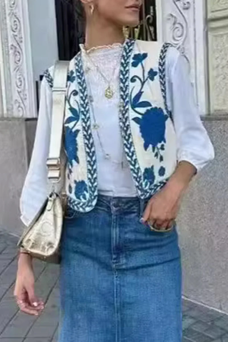 Casual Floral Print Embroidered Cardigan Collar Waistcoats - Panekey