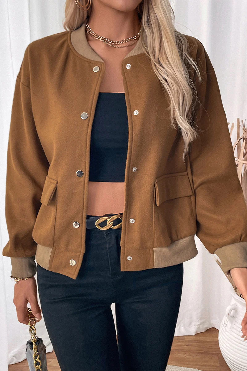 Casual Pocket Buttons Gross O Neck Outerwear - Panekey